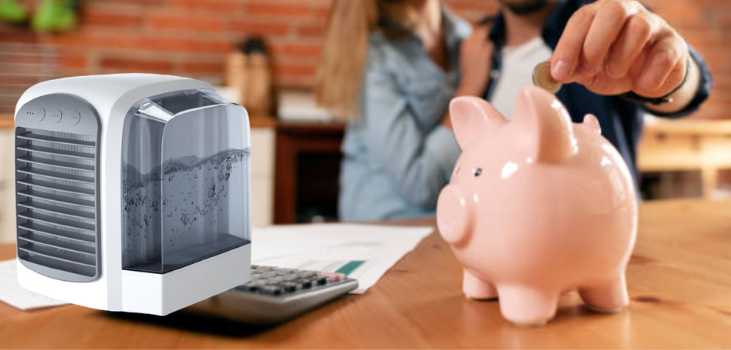 Image of people putting money in a piggy-bank on a table, next to a Polar Cooling